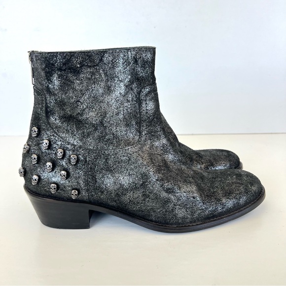 ZADIG & VOLTAIRE Black w Metallic Silver Leather Skull Gothic Ankle Boots Sz 36 - Picture 2 of 15